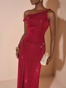 Zivah Elegant Burgundy Summer Long Dress,Shiny Glossy Asymmetric Neckline Dining Outfit For Valentine's Day,Date,Birthday Party,Graduation & Wedding Guest - Burgundy - View 9