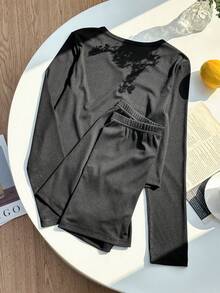 Teen Girls'T-Shirt Set, Casual Autumn Black Holiday Long Sleeve V-Neck Button Decor Vertical Striped Top+Elastic Waist Shorts Set, Relaxed Fit Wear - Black - View 2