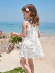 SHEIN Robe décontractée ample avec col mao, maille et découpes pour jeune fille - Blanc - Voir 3