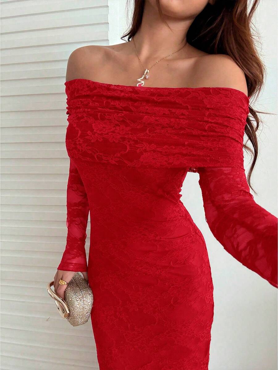 Sunnyshic Elegant Wedding Christmas Party Dress, Solid Color Lace Off Shoulder Mermaid Dress - Red - View 1