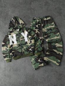 PAVTROS Conjunto de chaqueta con capucha con cremallera y estampado de letras de camuflaje y pantalones largos con cordón en la cintura, estilo casual y urbano para hombre, primavera/otoño - Verde militar - Ver 6