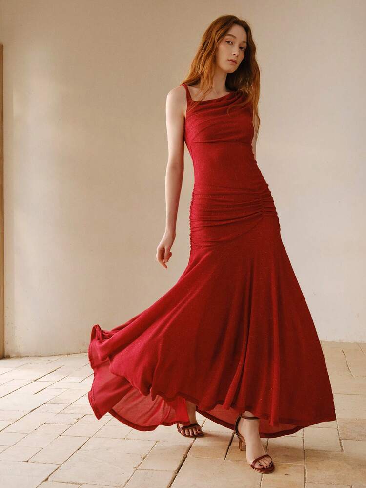 WOMEN'S ELEGANT SIMPLE SOLID COLOR ASYMMETRICAL NECK RUCHED WAIST FISHTAIL HEM DRESS, SUMMER