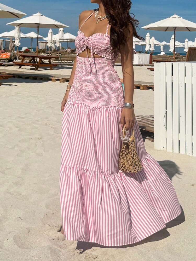 asymmetrical waist dress Sunnyshic Women's Striped Cinching Dress, Vacation Style, Spring/Summer a low V pearl arm drape gown Women's Solid Color Backless Length:65cm/25.6