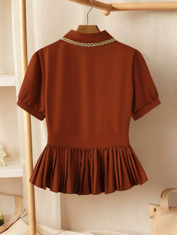 GlowEve CURVE Blusa texturizada con pliegues elegante y casual para mujer - Marrón - Añade 2