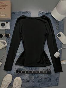 Attitoon Áo thun nữ tay dài cổ chữ V, kiểu dáng tối giản, đa năng, ôm sát, phù hợp mặc ở sân bay, họa tiết retro. - trắng - Xem 5