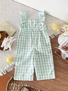 SHEIN 女婴清新编织绿白格子无袖连体衣，腰间饰有蝴蝶结，甜美可爱，适合日常穿着和度假。 - 綠色 - 查看 2