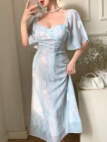 Dazy Tall Đầm dài tay thanh lịch in hoa cổ vuông dành cho nữ dáng cao, đầm mùa hè kiểu dáng nghỉ mát. - Xám Xanh - Xem 5