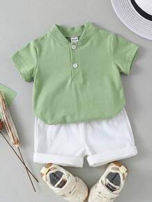 SHEIN Playful Pals 2pcs Setelan Bayi Laki-laki Elegan Minimalis Kerah Mandarin Lengan Pendek dan Celana Warna Kontras, Cocok untuk Musim Panas - MultiWarna - View 4