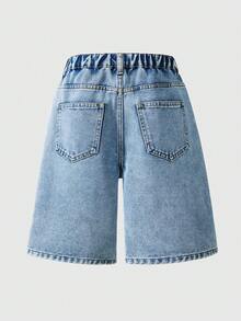 SHEIN Shorts vaqueros de cintura elástica con estampado de pato de dibujos animados para niña preadolescente - Lavado ligero - Ver 2