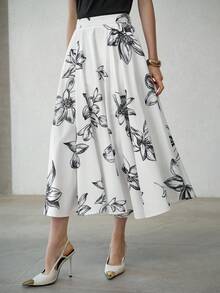 MOTF PREMIUM WOMEN'S FLORAL PRINT HIGH WAIST FLARED SKIRT - Black and White - View 2
