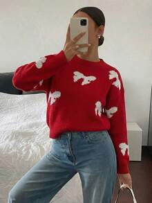 Novedades primavera/verano: Suéter informal de cuello redondo multicolor para mujer con lazo 3D, cálido y cómodo para llevar a diario, salidas, vacaciones, festivales, fiestas, actividades al aire len casa. Ideal para San Valentín, Año Nuevo y Semana Santa. - Rojo - Ver 1