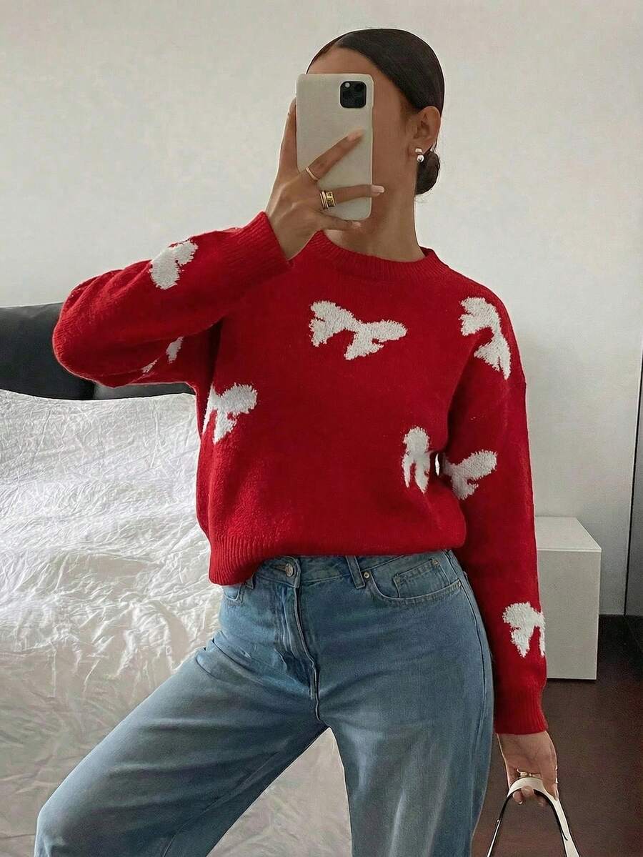 Novedades primavera/verano: Suéter informal de cuello redondo multicolor para mujer con lazo 3D, cálido y cómodo para llevar a diario, salidas, vacaciones, festivales, fiestas, actividades al aire len casa. Ideal para San Valentín, Año Nuevo y Semana Santa. - Rojo - Ver 1