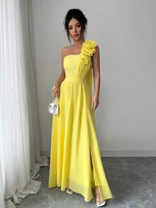 Selianne 夏季新款性感无肩带高开衩3D立体花卉装饰飘逸单肩系带连衣裙，浅黄色连衣裙，优雅女士连衣裙，派对礼服，伴娘礼服，婚礼宾客礼服，度假连衣裙，高贵派对礼服，情人节服装 - 淡黃色 - 查看 7