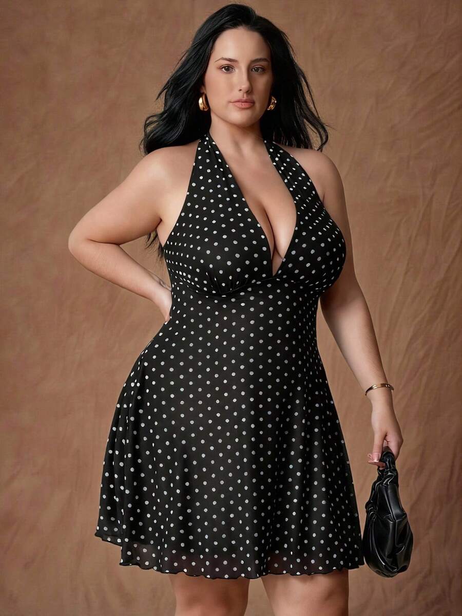SHEIN Tall CURVE Vestido elegante de mujer talla grande con escote en V profundo, sin mangas, cuello halter y espalda descubierta con lunares - Negro - Ver 1