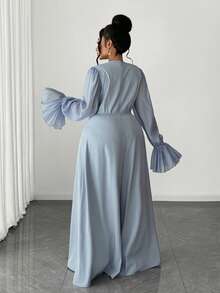 Maweii Mono de pierna ancha con mangas abullonadas elegante de talla grande - Azul - Ver 6