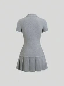 Sweetra Grey Short Sleeve Pleated Mini Polo Dress