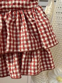 Elamini 女士红色格子褶皱高腰双层下摆浪漫度假甜美休闲短裙，春夏款 - 紅色 - 查看 3