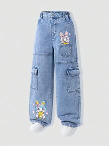 SHEIN 少女休闲兔子印花翻盖口袋牛仔裤 - 淺色水洗藍 - 查看 5