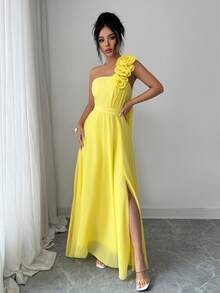 Selianne 夏季新款性感无肩带高开衩3D立体花卉装饰飘逸单肩系带连衣裙，浅黄色连衣裙，优雅女士连衣裙，派对礼服，伴娘礼服，婚礼宾客礼服，度假连衣裙，高贵派对礼服，情人节服装 - 淡黃色 - 查看 5