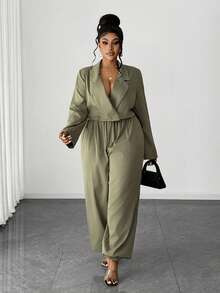 Maweii Ensemble décontracté de grande taille pour femmes, composé d'un Top à col cranté et manches longues, et d'un pantalon fuselé. Convient pour le travail et les déplacements. - Militaire verte - Voir 4