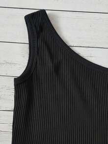 SHEIN 少女休闲简约舒适不对称领口背心和短裤套装 - 黑色 - 查看 3