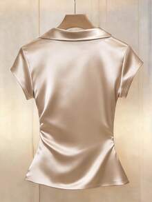 Franclia 纯色修身V领裹身短袖优雅女式衬衫