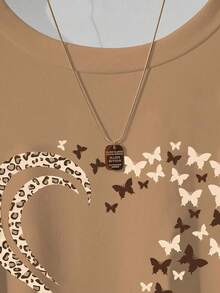 Resyla 夏季新款女士休闲修身短袖T恤，蝴蝶和豹纹爱心图案设计，适合约会、购物、拍照、户外活动、旅行、学生及日常穿着。 - 卡其色 - 查看 4