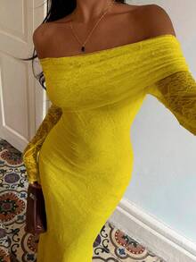 Flirla Elegant Solid Color Lace Off-Shoulder Wedding Christmas Party Dress - Yellow - View 6
