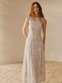 MOTF PREMIUM WOMEN'S LACE PANEL DESIGN ROUND NECK SLEEVELESS WAIST FLARED ELEGANT ROMANTIC EVERYDAY DRESS - White - View 5