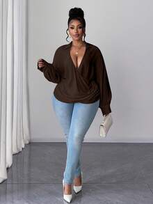 Maweii 大码长袖时尚优雅通勤百搭甜美衬衫 - 咖啡棕 - 查看 4