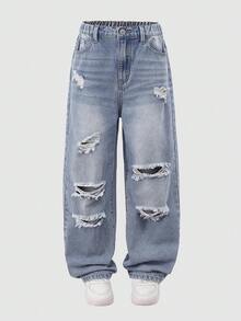 Coolqubz Denimly Boys' Elastic Waist Zip Fly Ripped Design Straight Leg Jeans, Preppy Outdoorsy Style