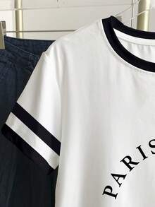 Franclia Camiseta de mujer con cuello redondo, estampado de la Torre Eiffel de París y letras, con bloques de color - Blanco - Ver 4