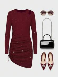 Sparklyn 女童黑色亮片派对连衣裙，修身长袖针织连衣裙，饰有荷叶边蝴蝶结，适合鸡尾酒会、节日旅行等场合。 - 酒紅色 - 查看 1