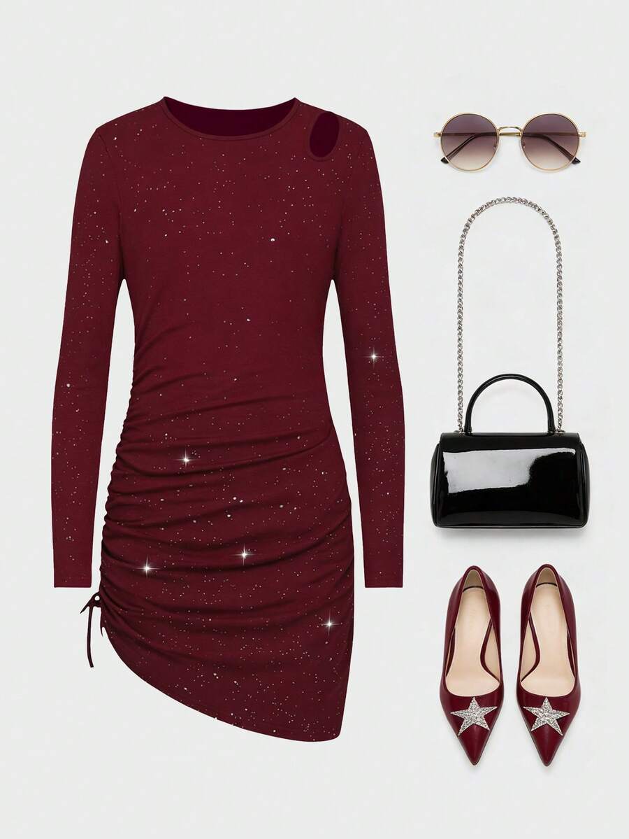 Sparklyn 女童黑色亮片派对连衣裙,修身长袖针织连衣裙,饰有荷叶边蝴蝶结,适合鸡尾酒会、节日旅行等场合。 - 酒紅色 - 查看 1