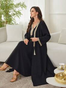 Al Najma Solid Color V-Neck Tassel Decor Gold Ribbon Elegant Arabic Style Dress For Women