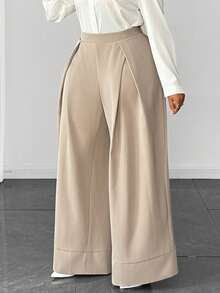 Maweii Plus Size Women's Solid Color Pleated Casual Commuter Fashionable Wide Leg Pants - Apricot - View 5
