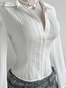 Elamini White Textured Bubble Striped Fabric Ruffle Collar Open Front Button Down Long Flare Sleeve Fitted Shirt, Women Spring/Summer Vacation Commute Office Teacher Back To School Retro Elegant Minimalist Versatile - White - View 6