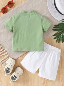 SHEIN Playful Pals 2pcs Setelan Bayi Laki-laki Elegan Minimalis Kerah Mandarin Lengan Pendek dan Celana Warna Kontras, Cocok untuk Musim Panas - MultiWarna - View 3