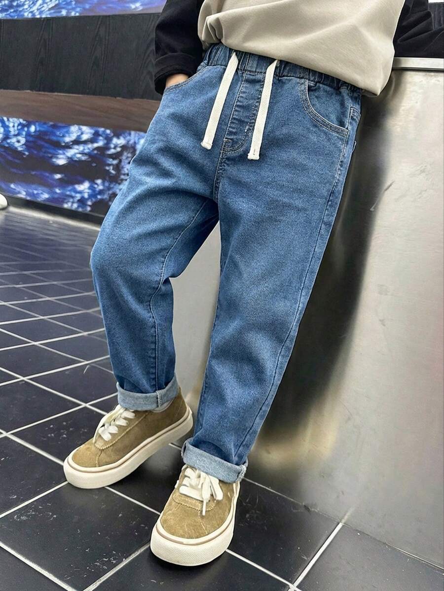 SHEIN Explorewe Young Boy Elastic Waist Drawstring All-Match Simple Versatile Comfortable Stretchy Slim Fit Light Grey Casual Jeans