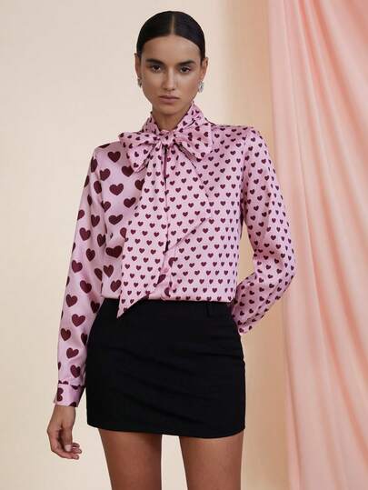 Aveloria Rosie European & American Style Polka Dot Print Patchwork Tie-Up Elegant Office Wear Long Sleeve Shirt, Autumn/Winter