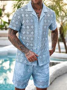 Manfinity RSRT 男士度假休闲镂空针织衫短裤套装 男士度假短裤套装 男士两件套 夏季蓝色两件套 男士两件套休闲短裤套装 男士浅蓝色短裤套装 - 淺藍色 - 查看 6