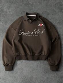 PAVTROS Manfinity Streetrush Men's Street-Style Popular INS Matching Men's Fashionable & Comfortable Letter Embroidered Long Sleeve Polo Shirt,Streetwear,I Love My Boyfriend,Graphic,Oversized,Boy Friend Gifts,Valentine's Day Gift,Embroidery - Brown - View 1