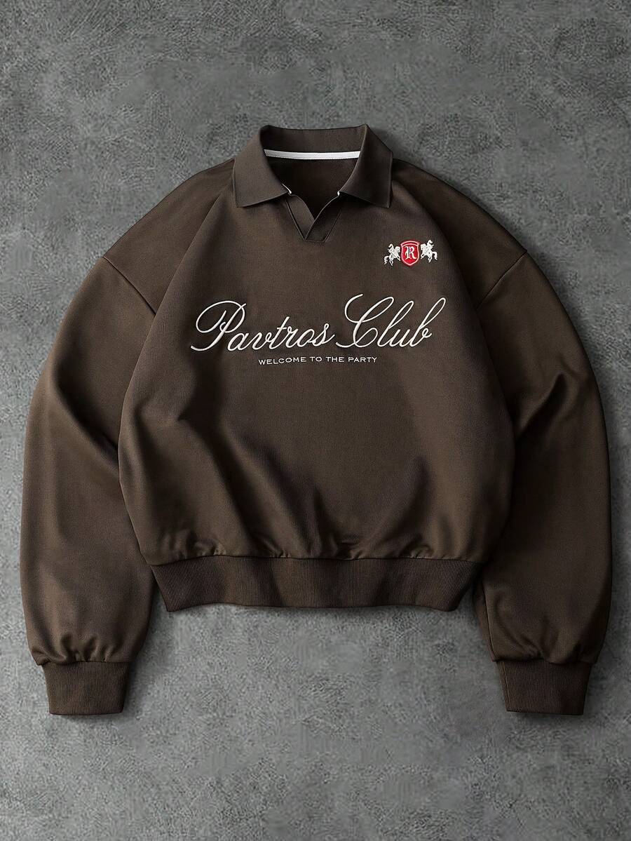 PAVTROS Manfinity Streetrush Men's Street-Style Popular INS Matching Men's Fashionable & Comfortable Letter Embroidered Long Sleeve Polo Shirt,Streetwear,I Love My Boyfriend,Graphic,Oversized,Boy Friend Gifts,Valentine's Day Gift,Embroidery - Brown - View 1