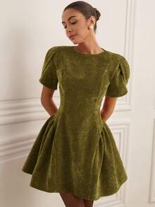 Revavyn 郁金香3D短袖圆领开衩泡泡裙迷你公主裙女装 - 軍綠色 - 查看 5