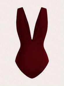 Swim Chiccia 大码三件套优雅棕色金属扣装饰连体泳衣，可拆分搭配其他服饰，适合派对和度假穿着 - 酒紅色 - 查看 3