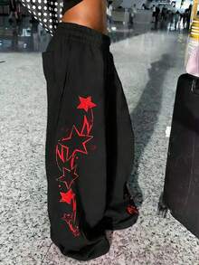 Rovax Women's Casual Letter Print Loose Fit Wide Leg Sweatpants - Black - View 2