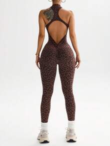 Dewbera 1pc Women's Seamless Sexy Front Zipper Stand Collar Racerback Sleeveless Deep V-Back Yoga Gymnastics Dance Exercise Jumpsuit Leopard Print Workout Jumpsuit Seamless Yoga Jumpsuit Gym Jumpsuit Activewear Jumpsuit Brown Leopard Workout Set Backless Workout Jumpsuit Leopard Print Gym Clothes - Coffee Brown - View 5