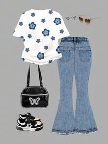 SHEIN Leap Crew 复古花卉印花休闲宽松短袖圆领 T 恤和喇叭裤两件套，适合秋季 - 彩色 - 查看 3