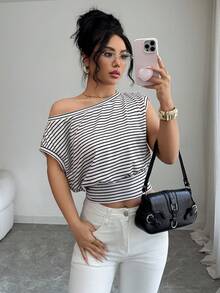 Elenzga 不对称下摆斜肩优雅OL T恤 - 彩色 - 查看 3