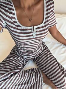 Dream Adore Conjunto de pijama de punto a rayas sencillo para mujer - Top de manga corta y pantalón largo - Marrón - Ver 7